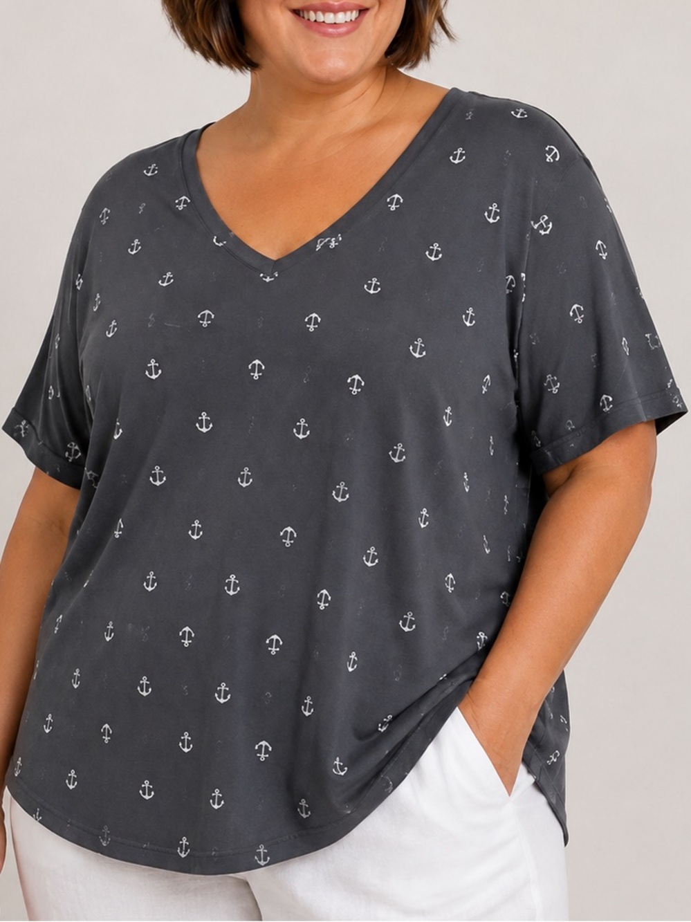 Lane Bryant Navy Anchor Print V-Neck Tee